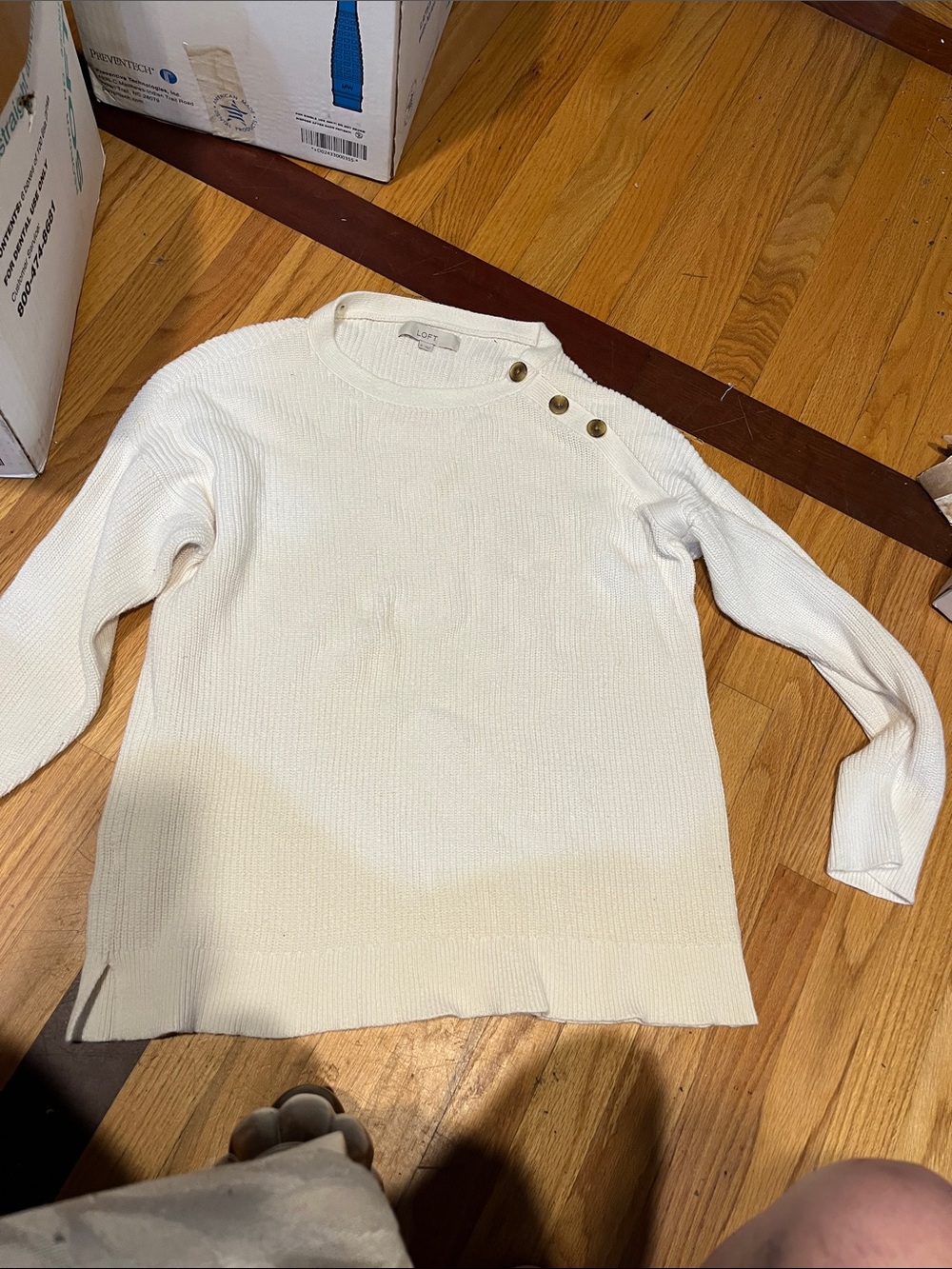 LOFT Cream Crewneck Sweater with Shoulder Buttons
